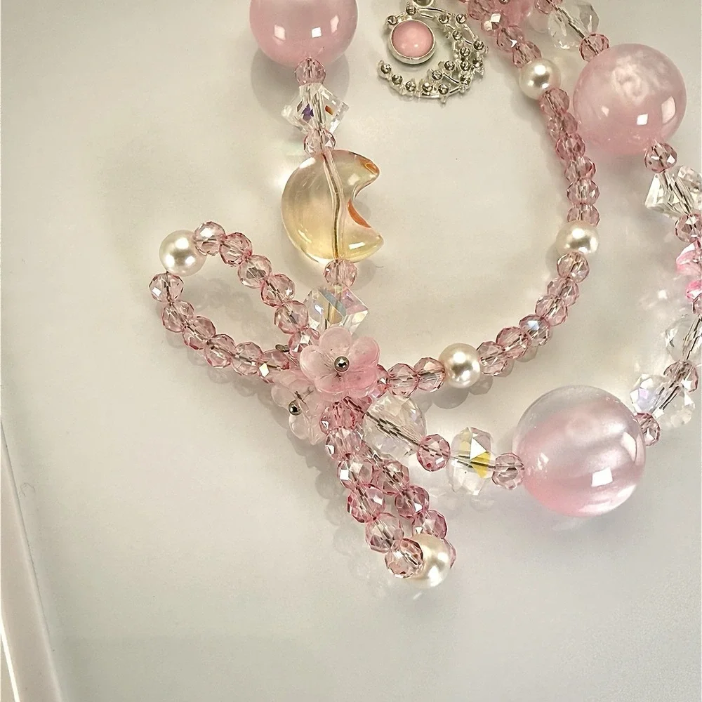 Pink Moon Phone Wristlet Charm Beaded Crystal Pearl Coquette Kawaii Bag Keychain